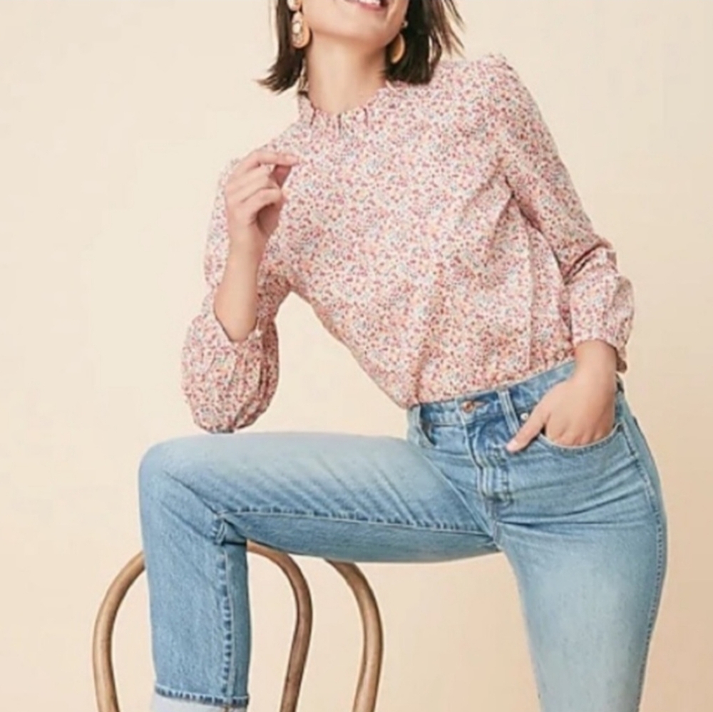 J. Crew Women Liberty of London Phoebe Floral Top Long Sleeve Yellow Red Size XS